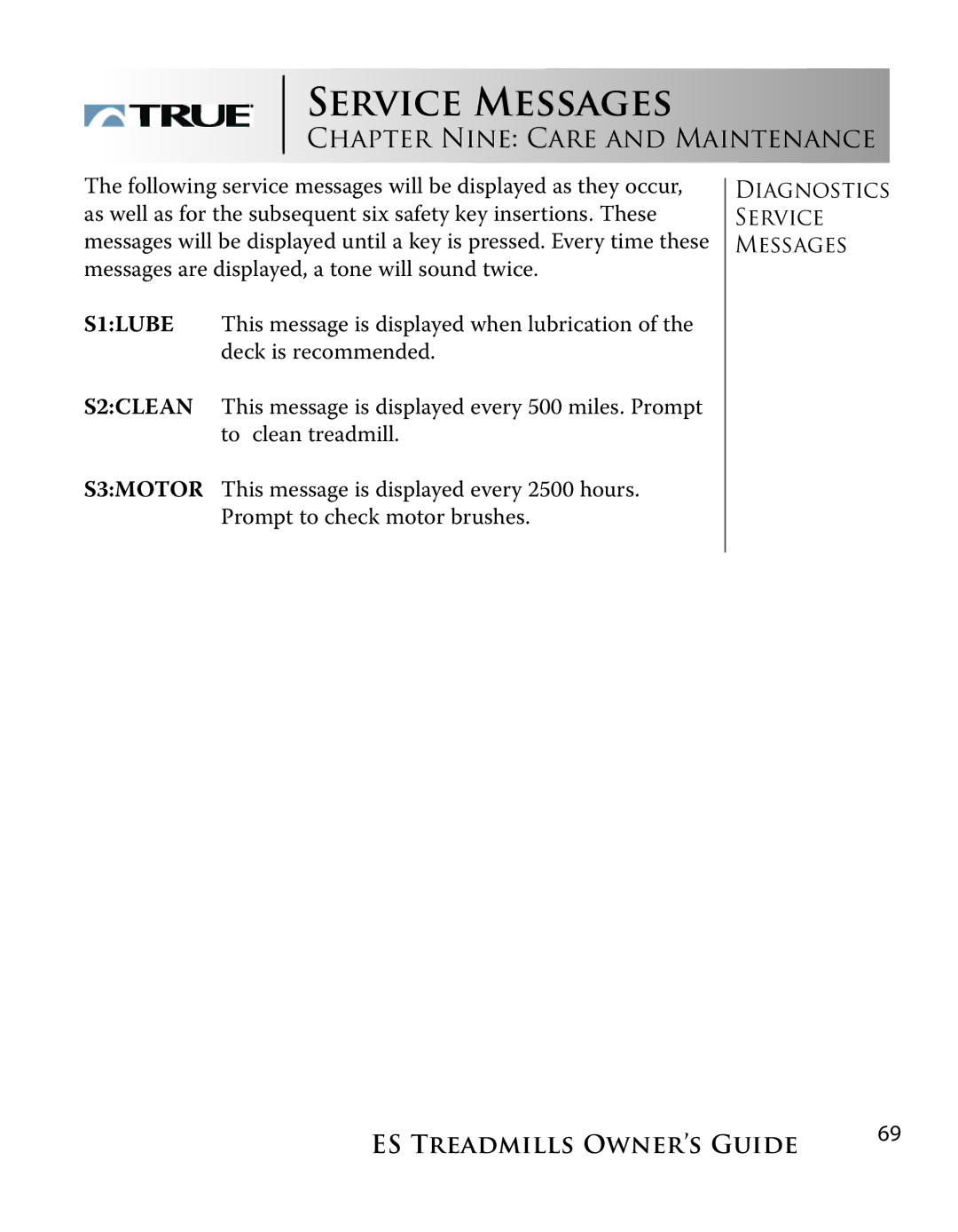 True Fitness ES9.0 + ES7.0 manual Service Messages 
