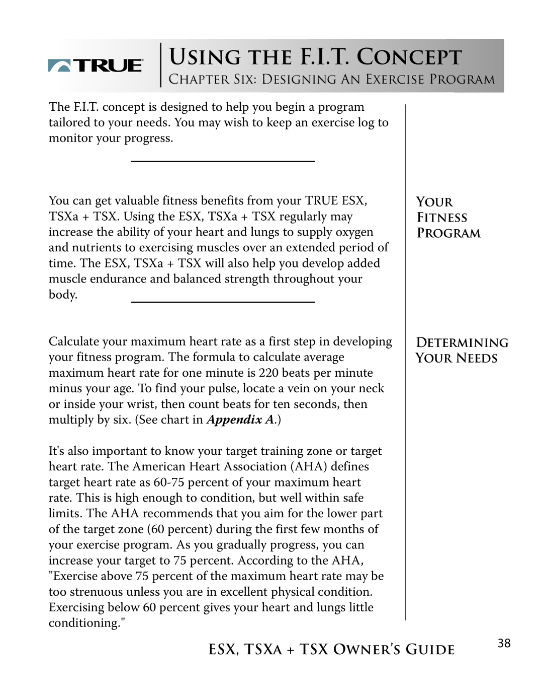 True Fitness ESX, TSXa manual Using the F.I.T. Concept 