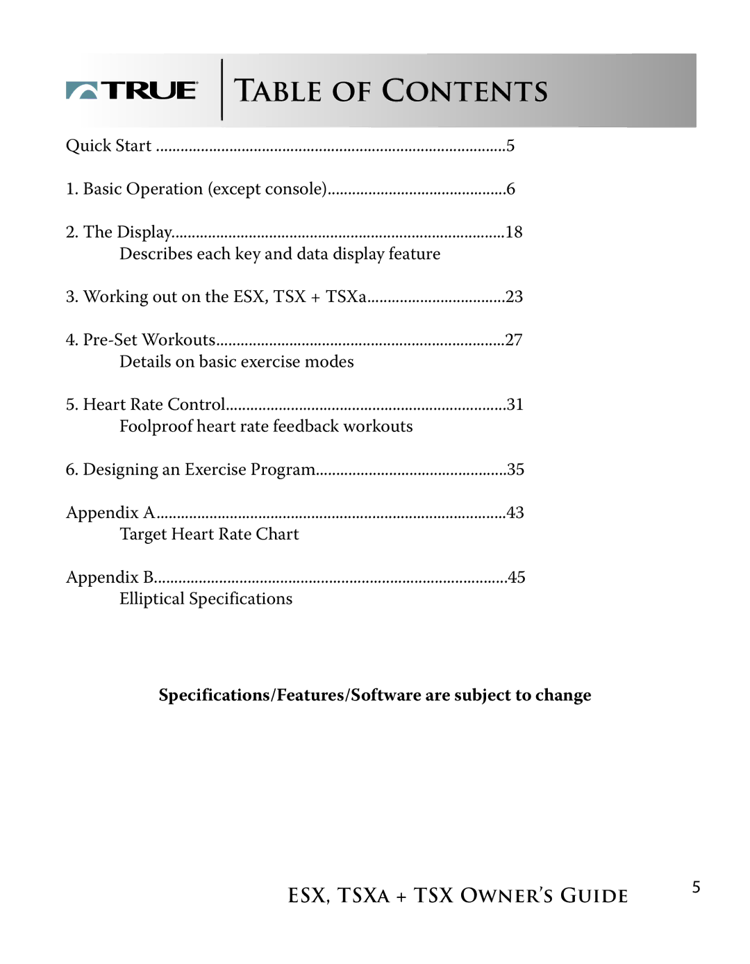 True Fitness ESX, TSXa manual Table of Contents 