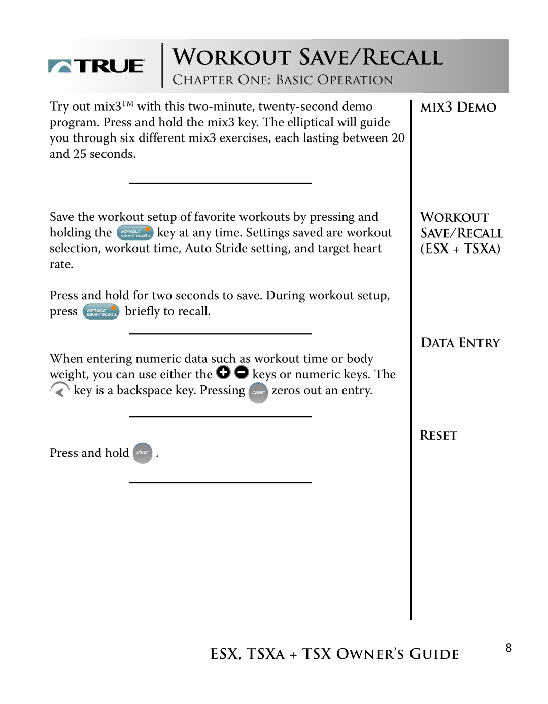 True Fitness ESX, TSXa manual Workout SAVE/RECALL 