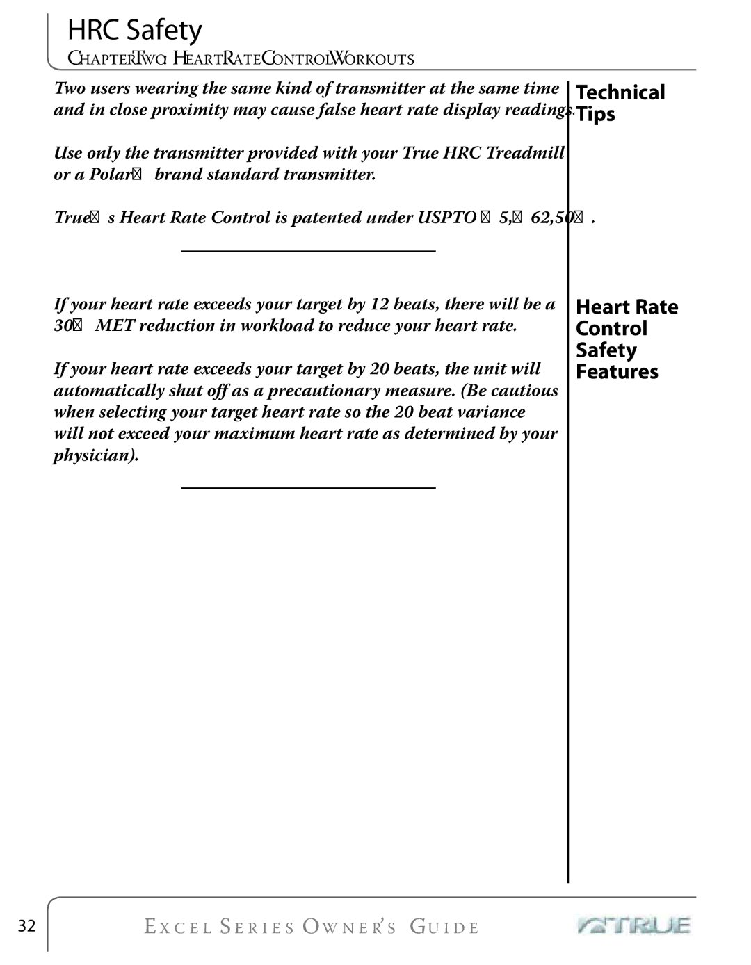 True Fitness Excel Series manual HRC Safety, Heart Rate Control Safety Features 