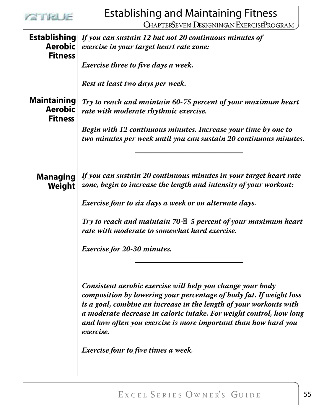 True Fitness Excel Series manual Establishing and Maintaining Fitness, Aerobic Fitness Maintaining 