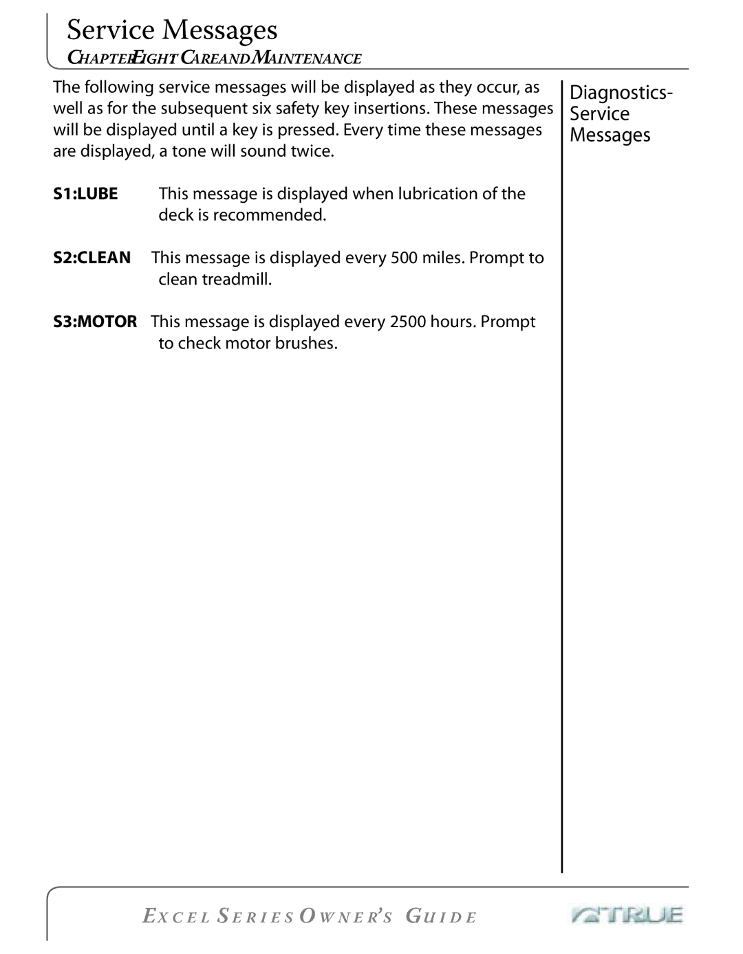 True Fitness Excel Series manual Diagnostics Service Messages 