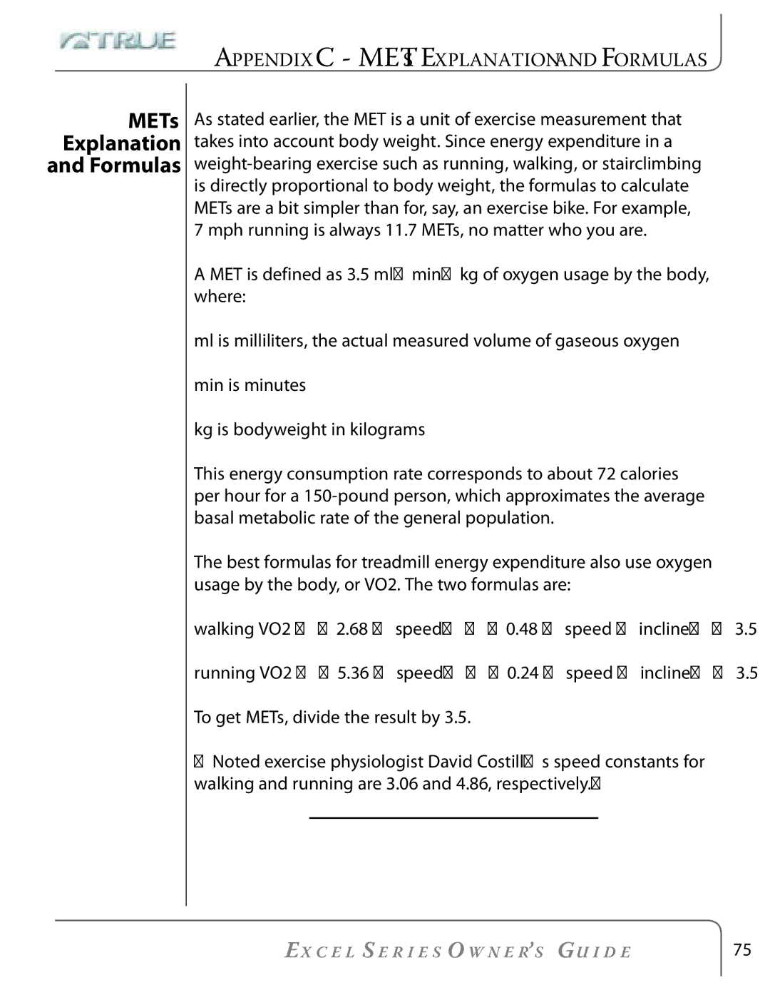 True Fitness Excel Series manual METs Explanation Formulas 