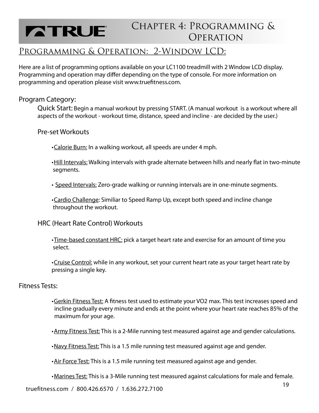 True Fitness LC1100 manual Program Category, Pre-set Workouts, HRC Heart Rate Control Workouts 