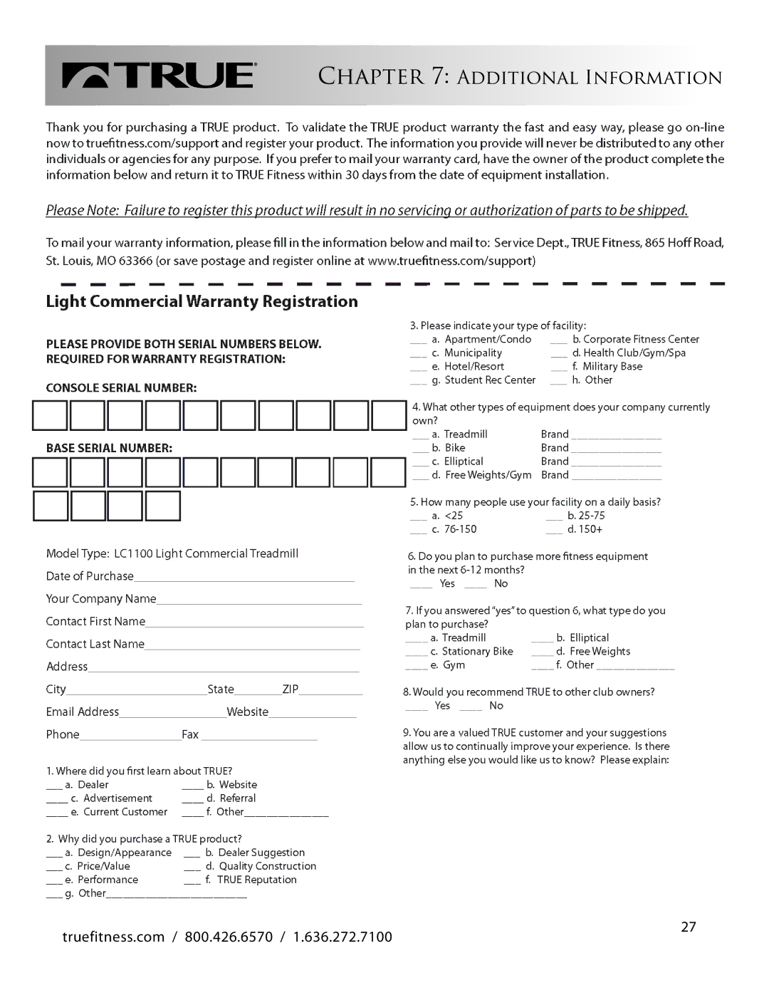 True Fitness LC1100 manual Additional Information 