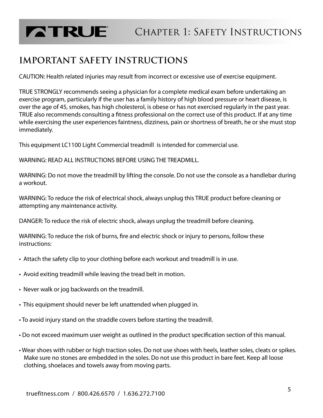 True Fitness LC1100 manual Important Safety Instructions 