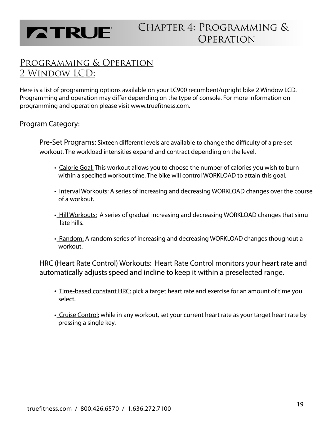 True Fitness LC900 manual Programming & Operation Window LCD, Program Category 