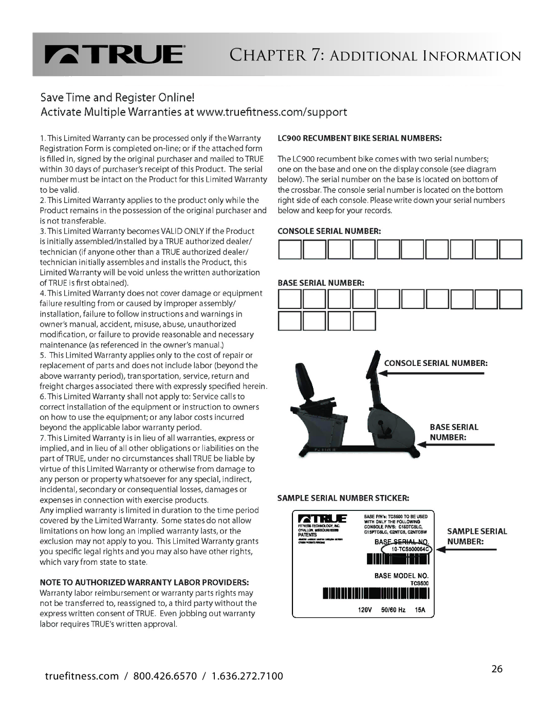 True Fitness LC900 manual Additional Information 