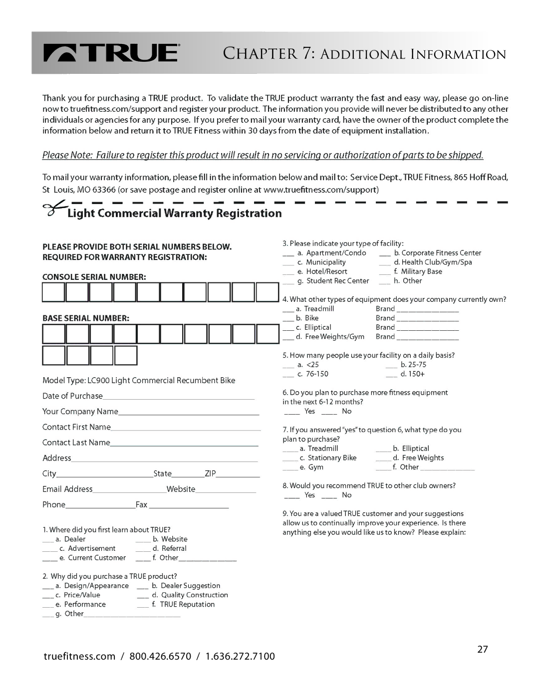 True Fitness LC900 manual Additional Information 