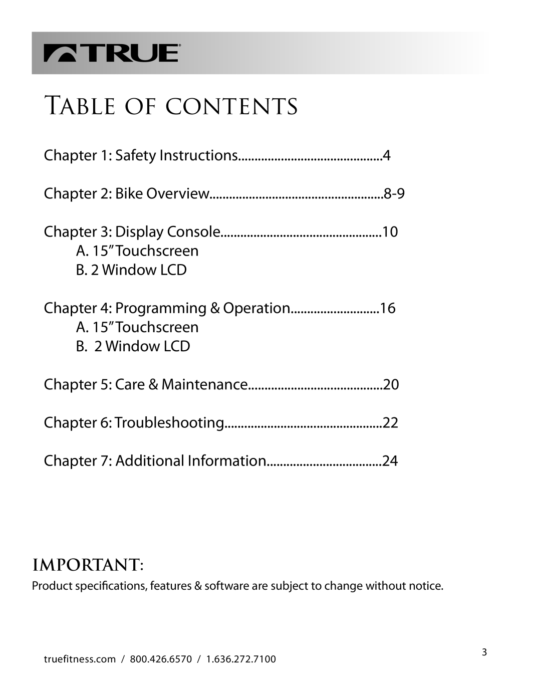 True Fitness LC900 manual Table of Contents 