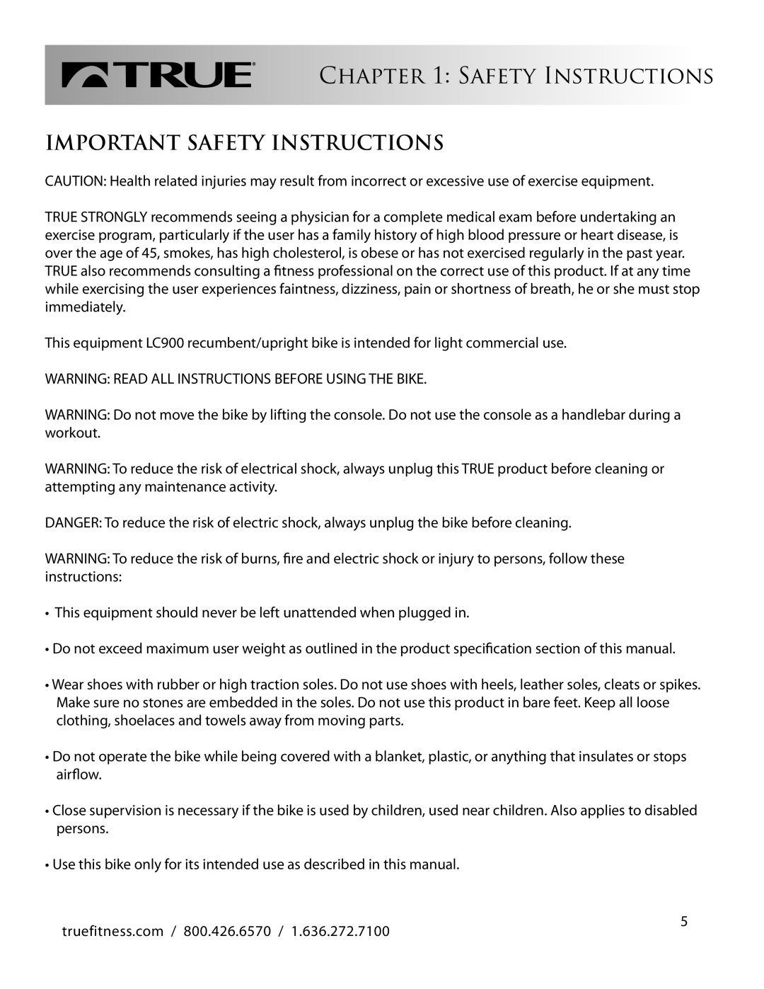 True Fitness LC900 manual Important Safety Instructions 