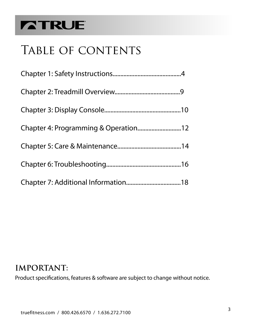 True Fitness PS100 manual Table of Contents 