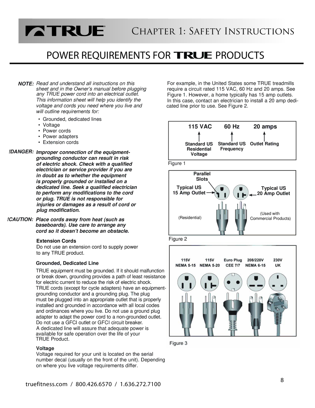 True Fitness PS100 manual Power Requirements for Products 