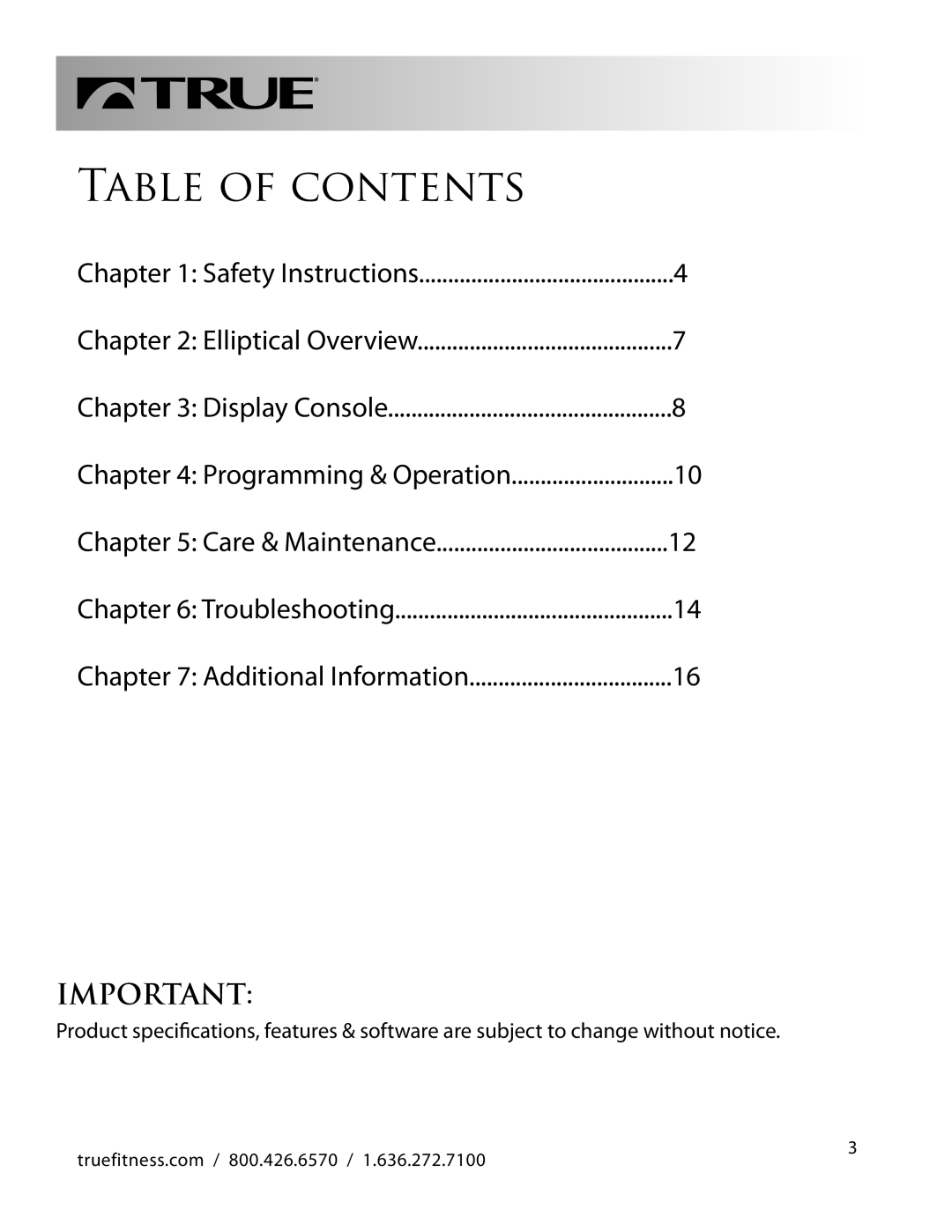 True Fitness PS100 manual Table of Contents 