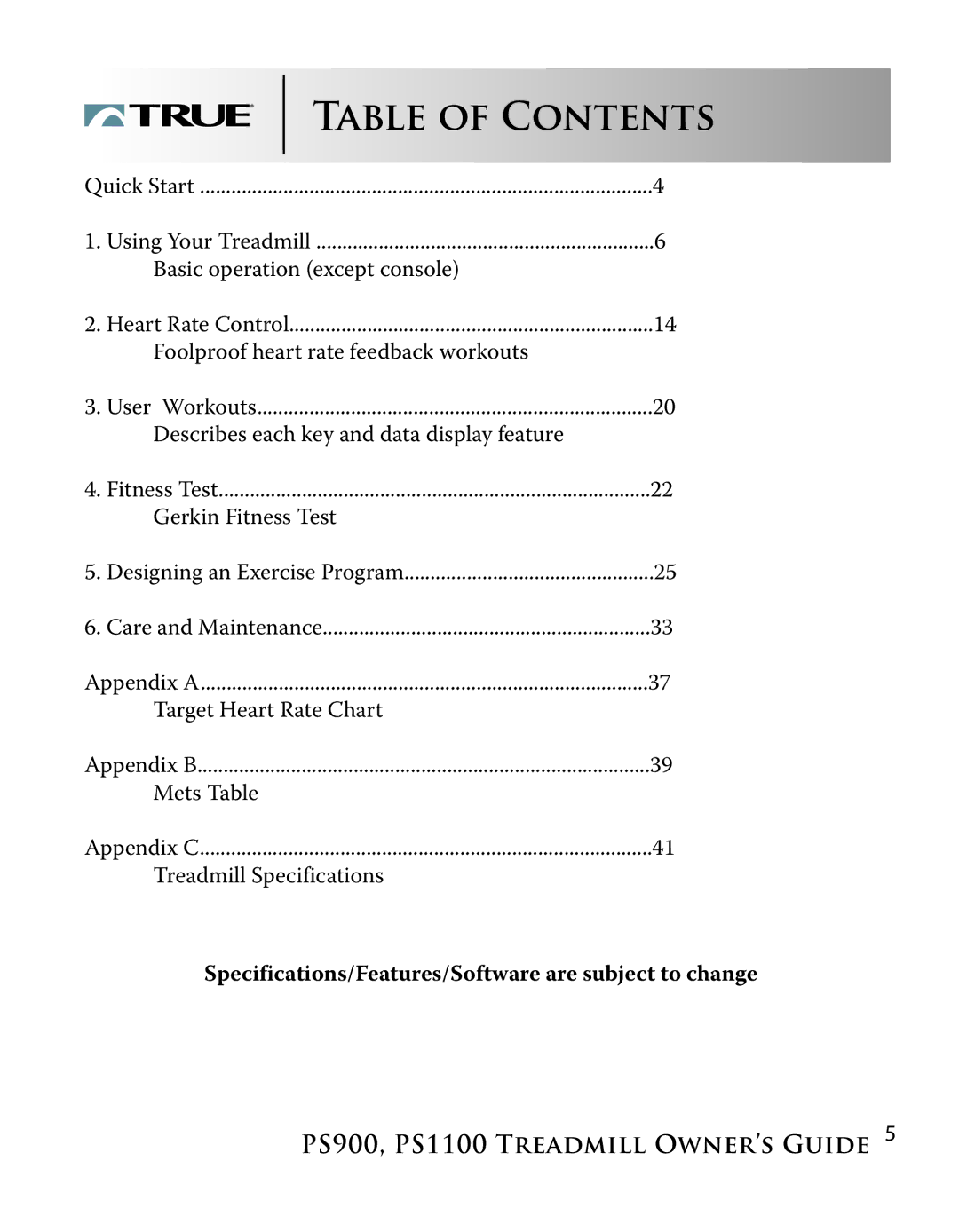 True Fitness PS1100 manual Table of Contents 