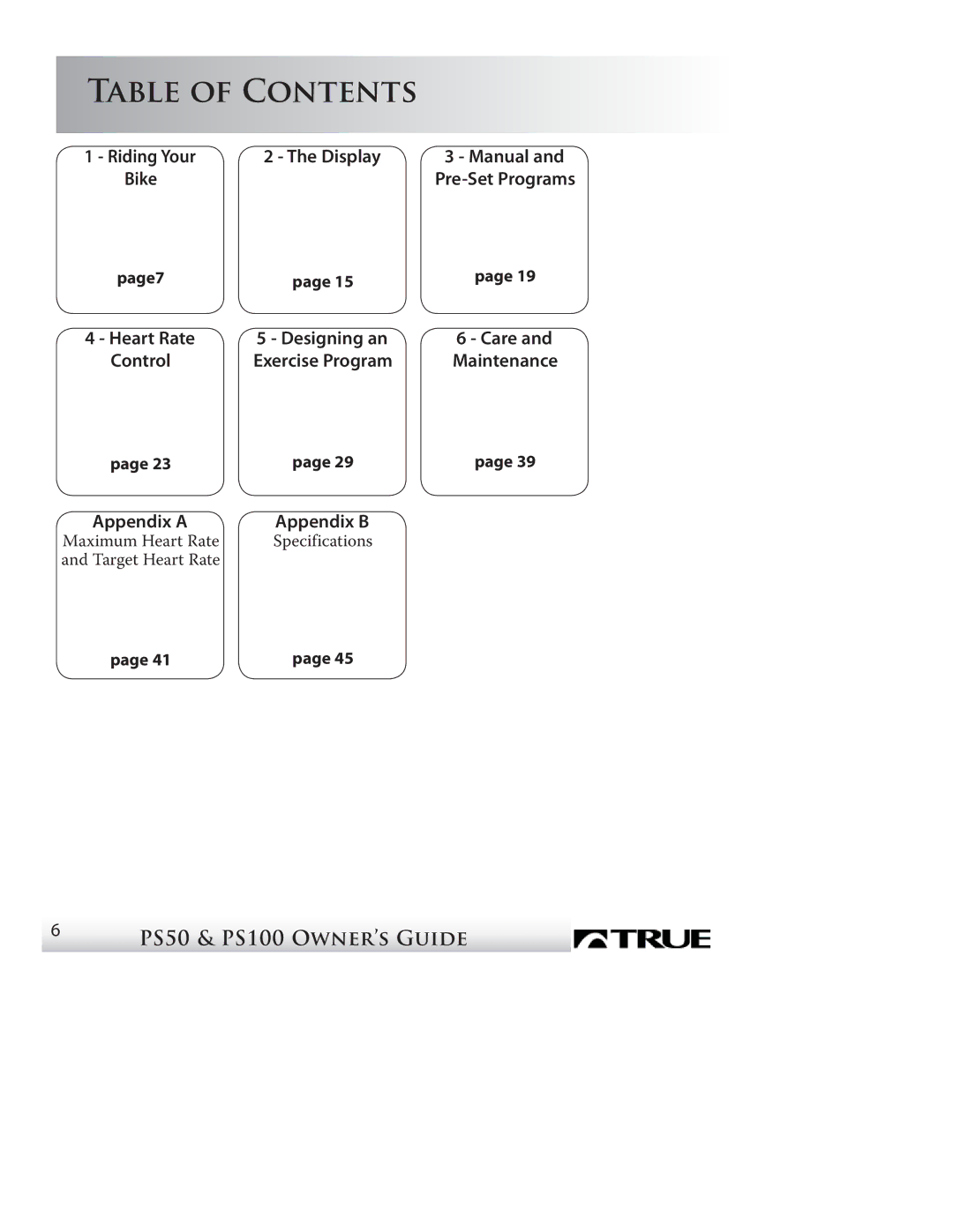 True Fitness P100, PS50 manual Table of Contents 