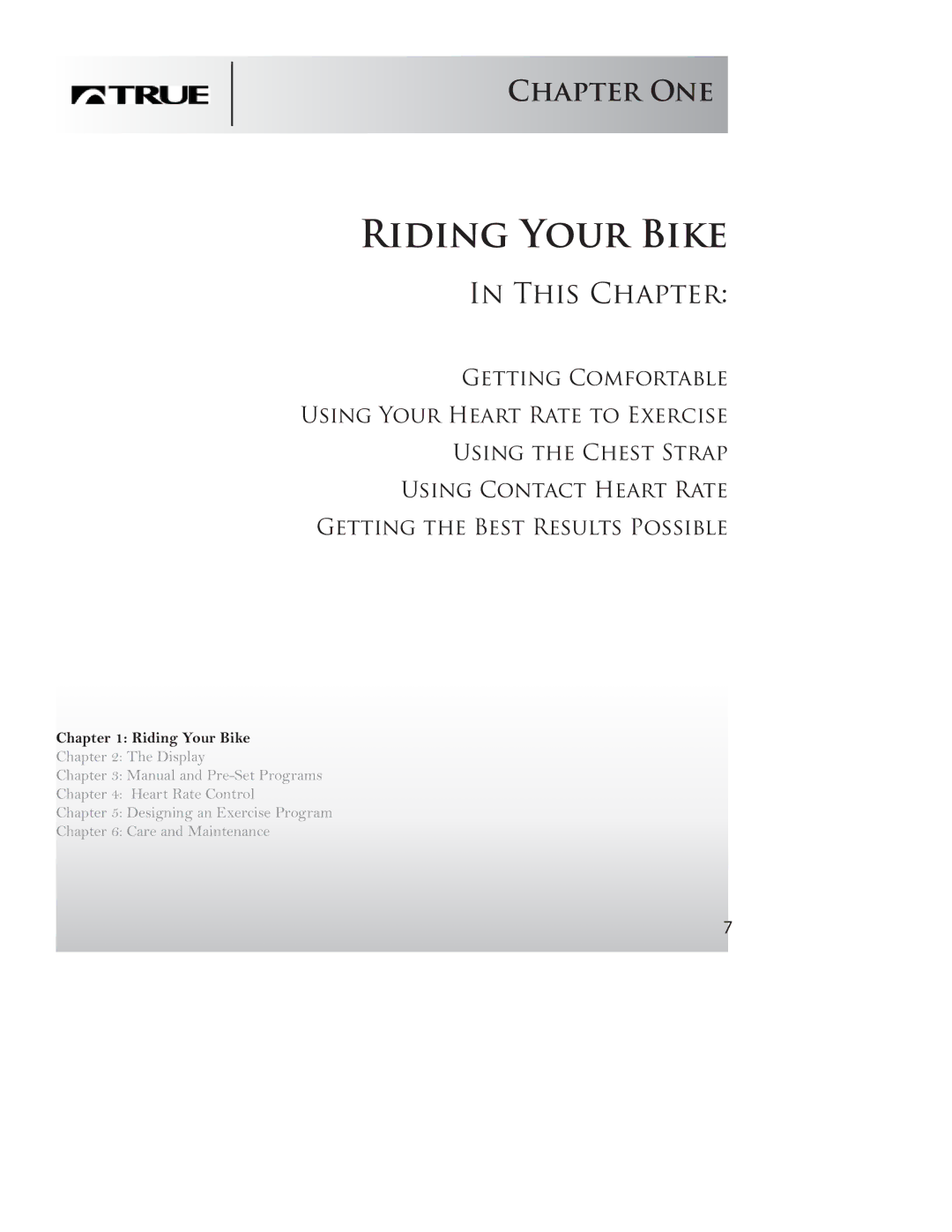 True Fitness PS50, P100 manual Riding Your Bike, This Chapter 