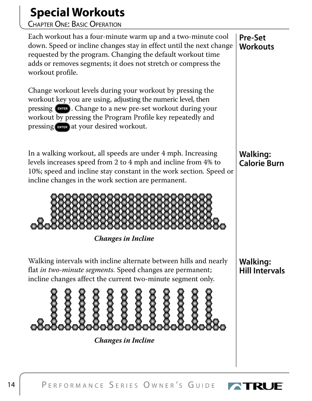 True Fitness PS300, PS500, PS700, PS100 manual Special Workouts, Changes in Incline 