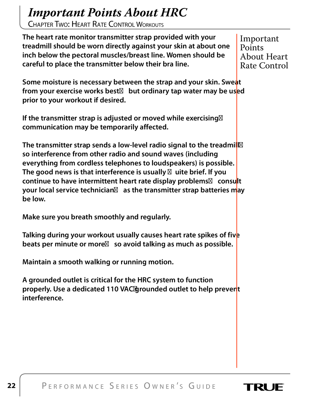 True Fitness PS700, PS500, PS300, PS100 manual Important Points About HRC, Points About Heart Rate Control 