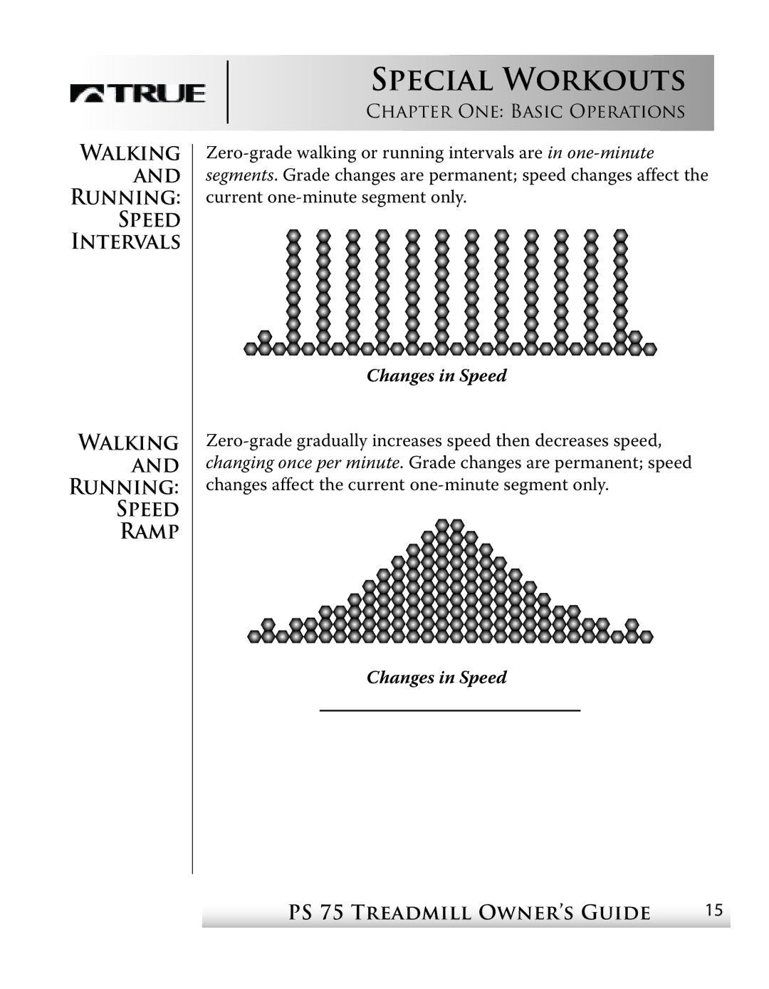 True Fitness PS75 manual Walking Running Speed Intervals Ramp, Changes in Speed 