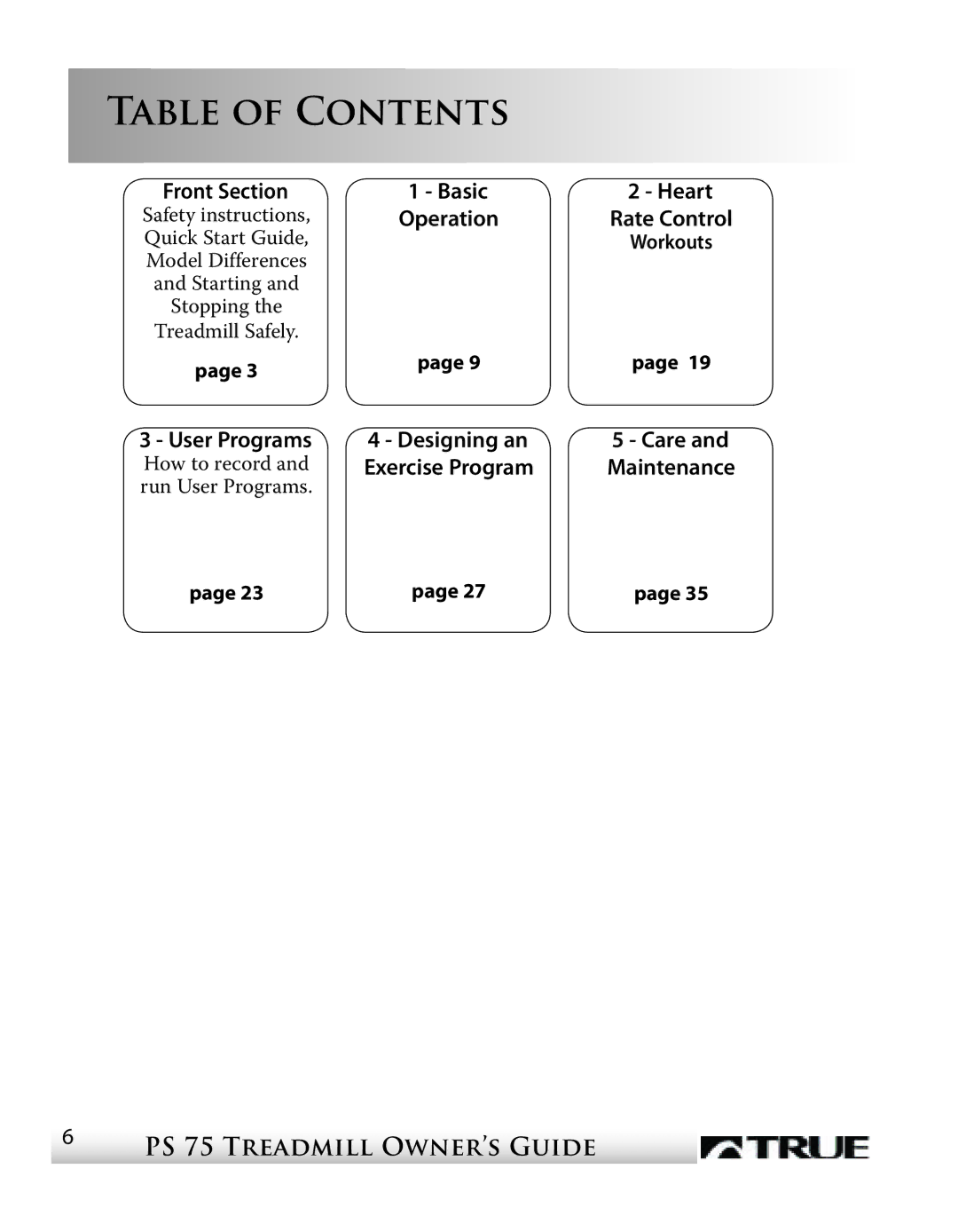 True Fitness PS75 manual Table of Contents 
