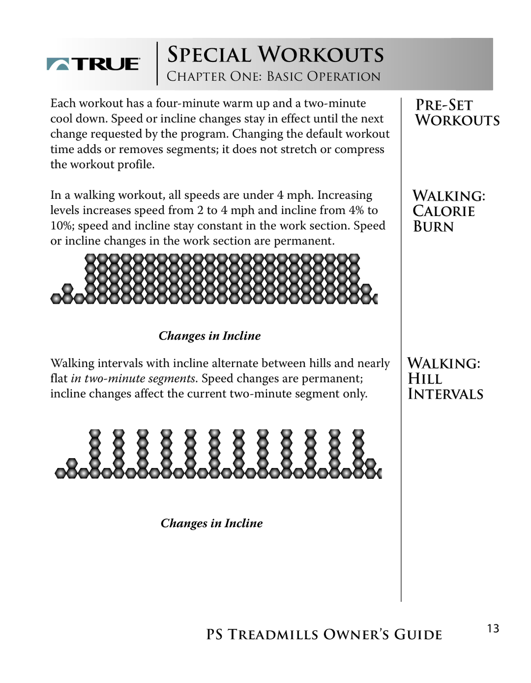 True Fitness PS600, PS800 manual Special Workouts, Changes in Incline 