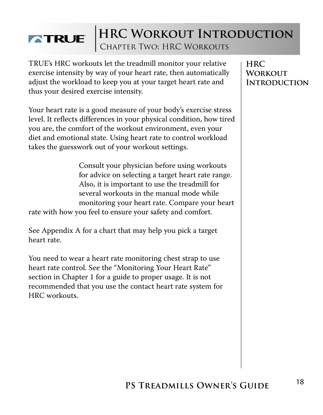 True Fitness PS800, PS600 manual HRC Workout Introduction, CHAPTER TWO HRC Workouts 