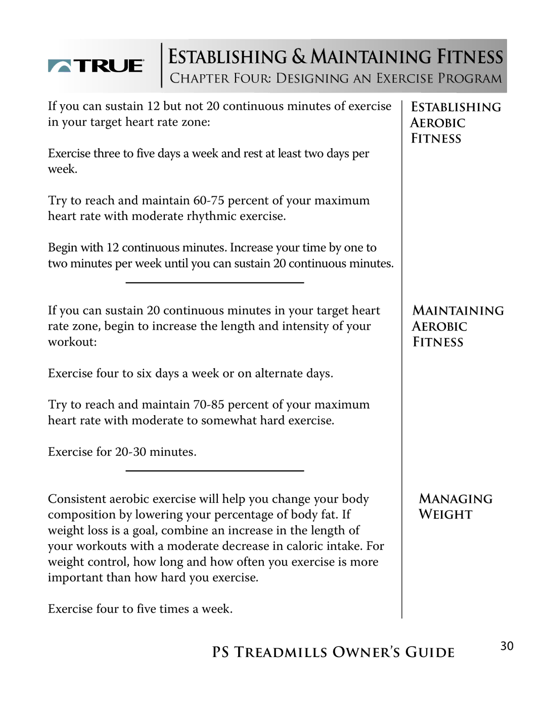 True Fitness PS800, PS600 manual Establishing & Maintaining Fitness 