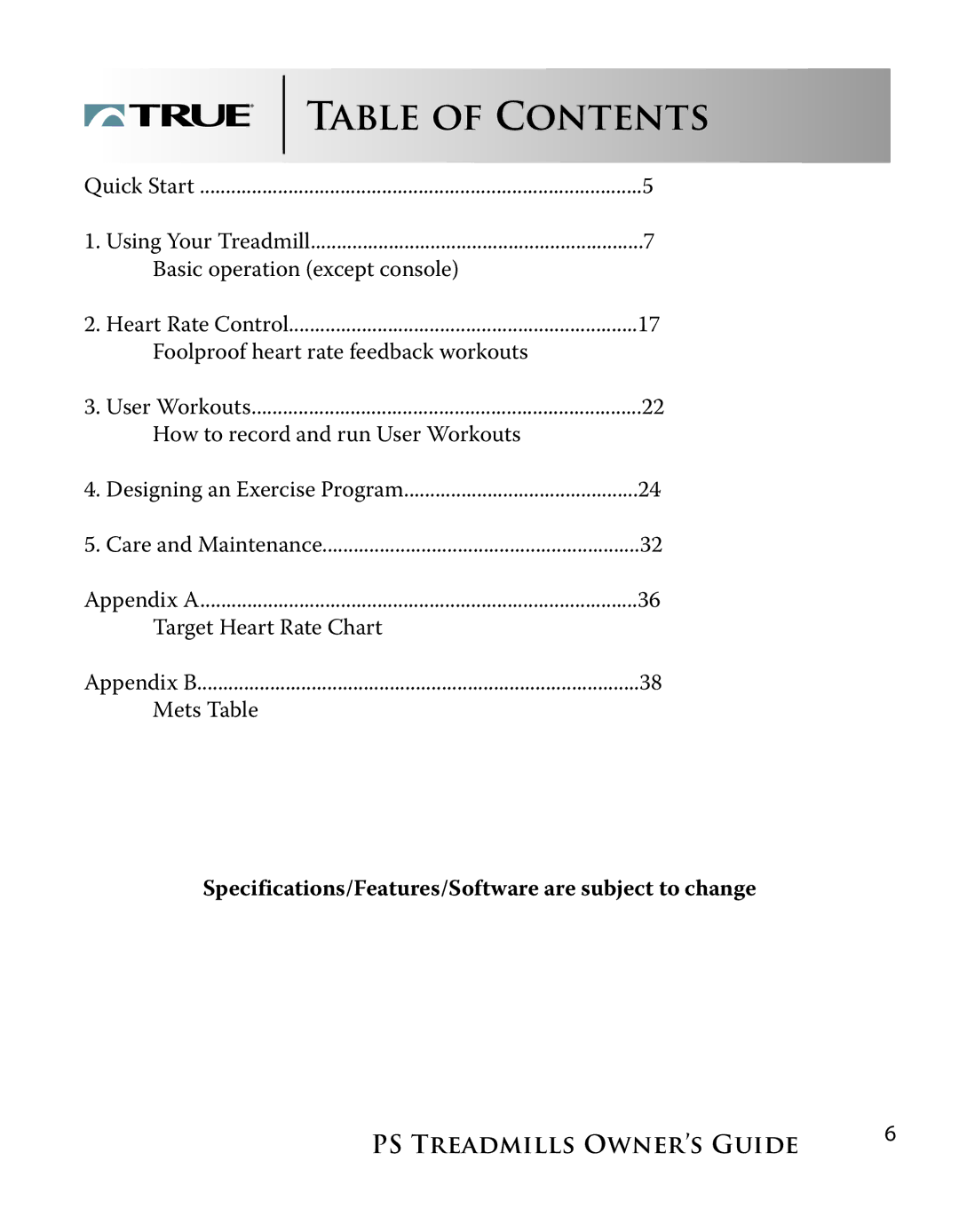 True Fitness PS800, PS600 manual Table of Contents 