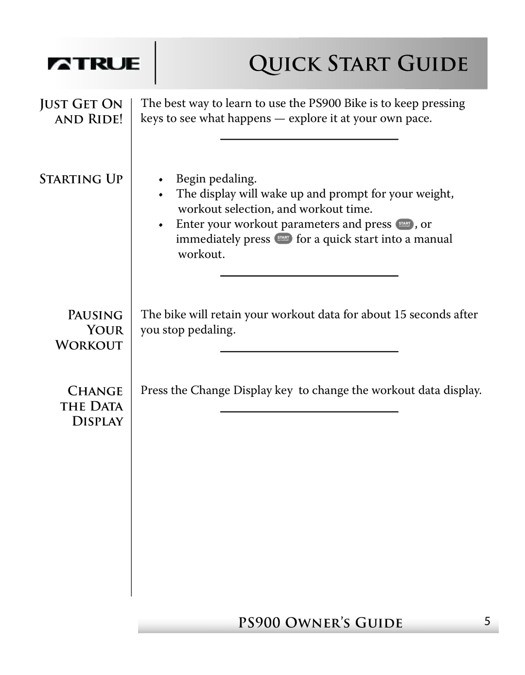 True Fitness PS900 manual Quick Start Guide 