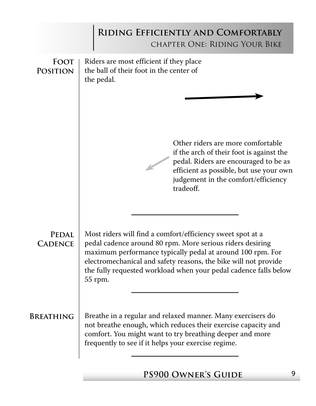 True Fitness PS900 manual Riding Efficiently and Comfortably 