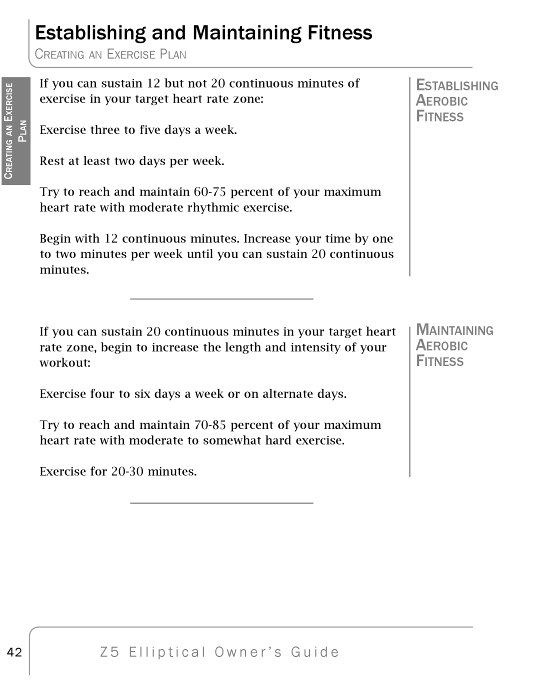 True Fitness Z5 Elliptical manual Establishing and Maintaining Fitness, Establishing Aerobic Fitness Maintaining 