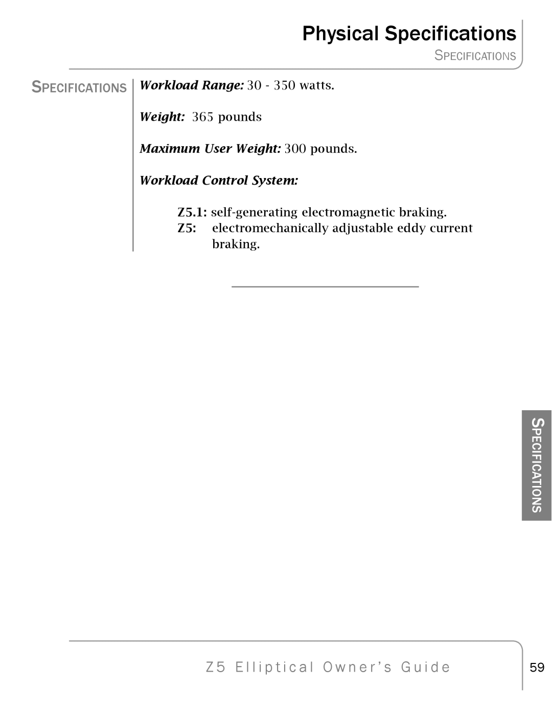 True Fitness Z5 Elliptical manual Physical Specifications 