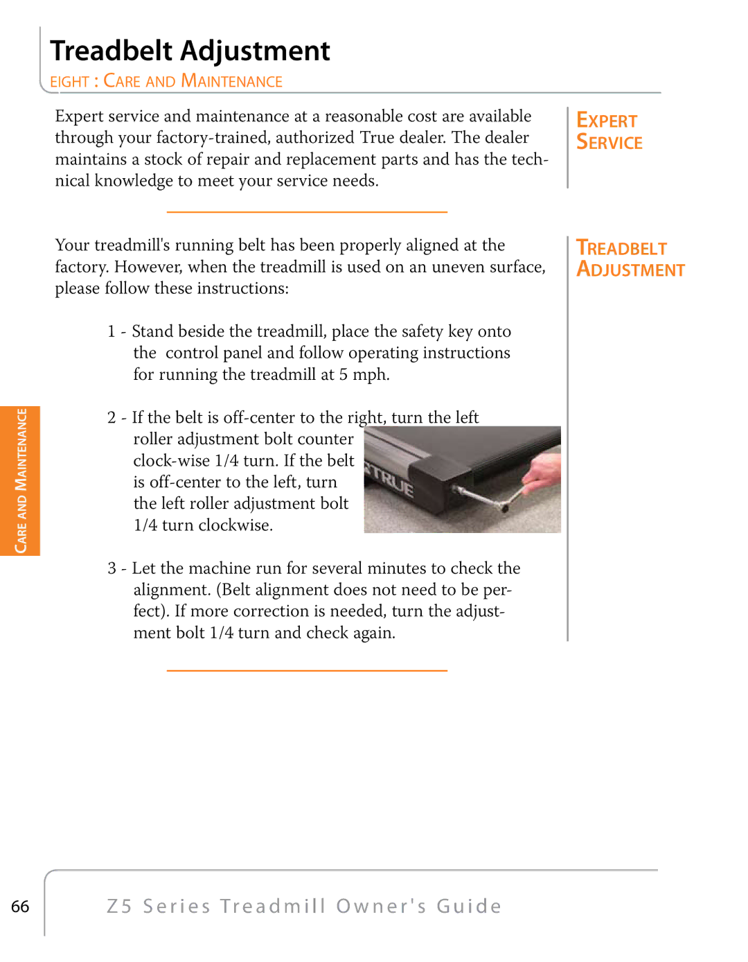 True Fitness Z5 Series manual Treadbelt Adjustment 