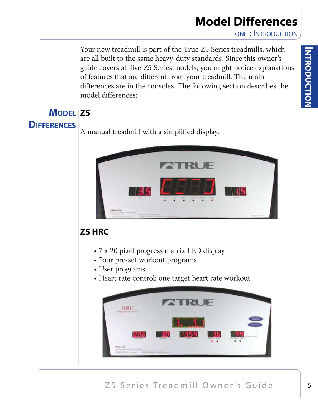 True Fitness Z5 Series manual Model Differences 