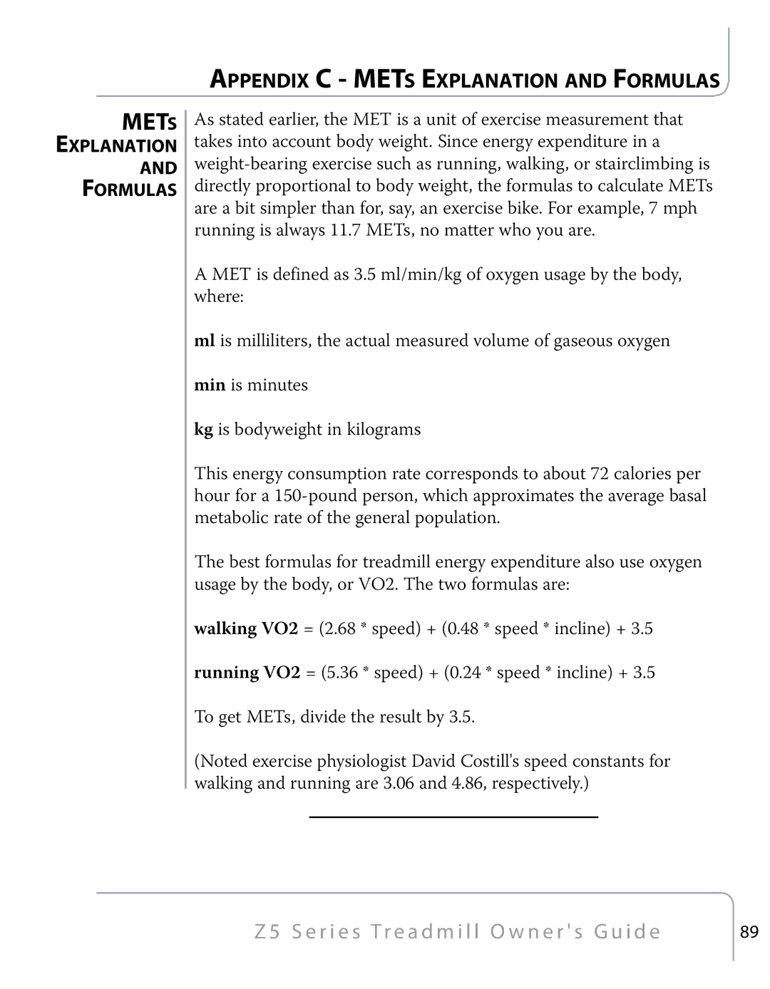 True Fitness Z5 Series manual METs 