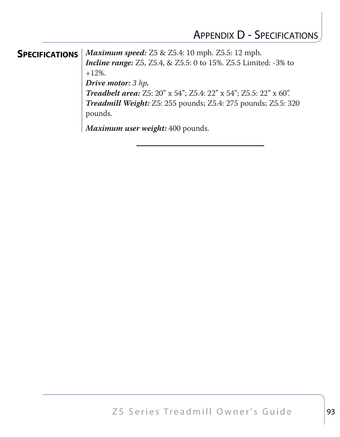 True Fitness Z5 Series manual Appendix D Specifications 