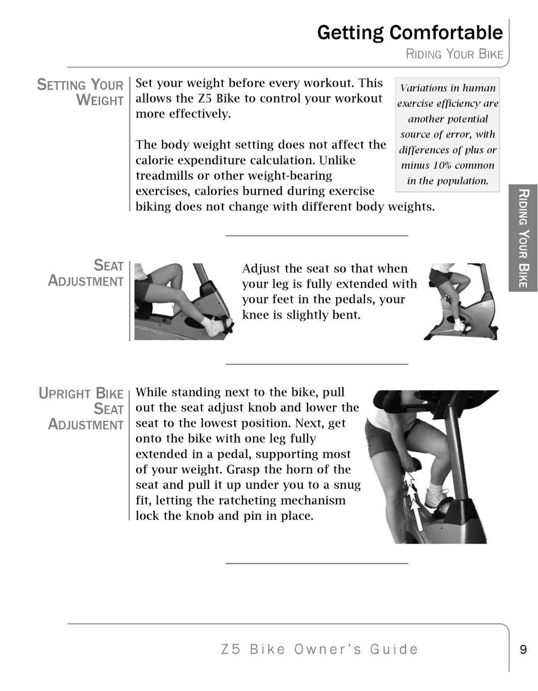 True Fitness Z5 manual Setting Your Weight, Upright Bike Seat Adjustment 