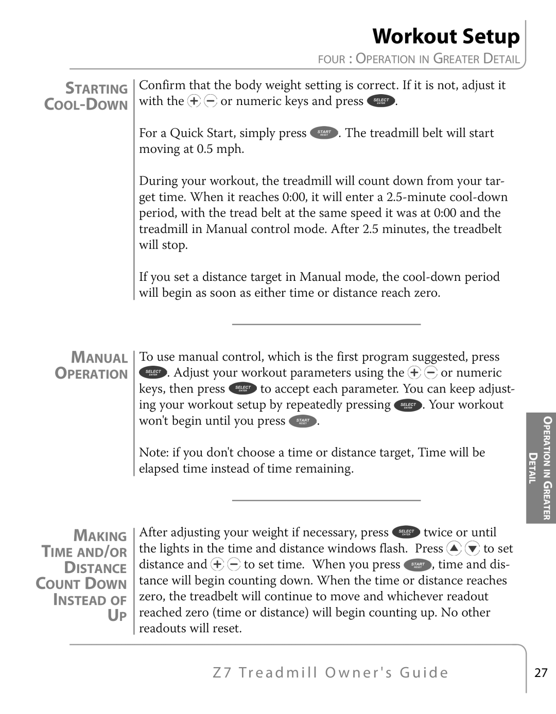 True Fitness Z7 Series manual Workout Setup, Making Time AND/OR Distance Count Down Instead 