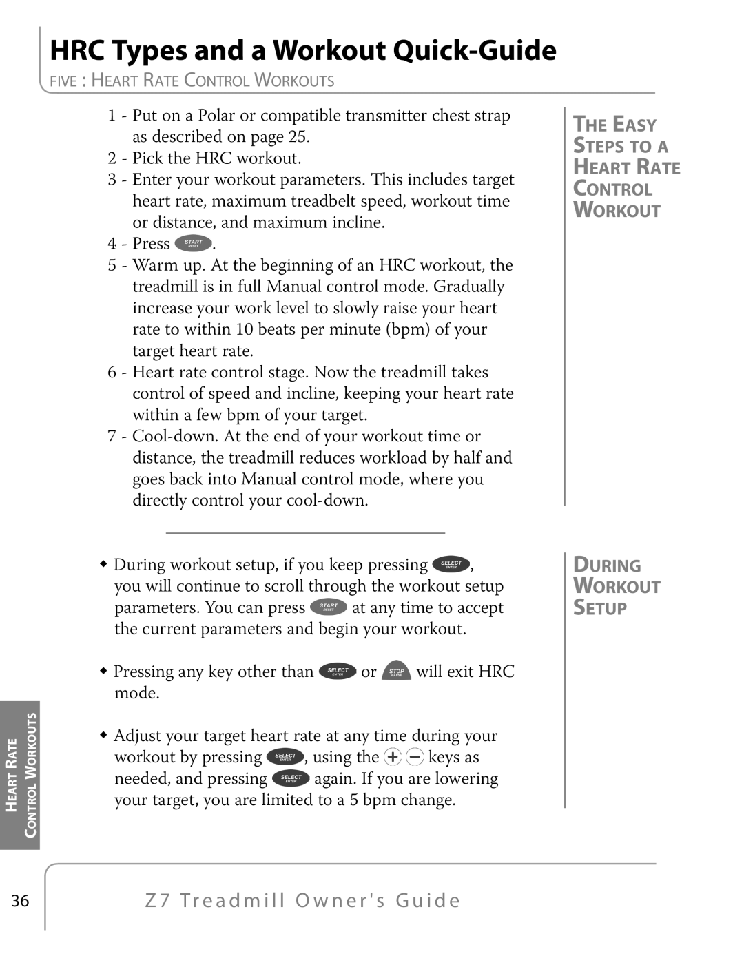 True Fitness Z7 Series manual HRC Types and a Workout Quick-Guide, Easy Steps to a Heart Rate Control Workout 