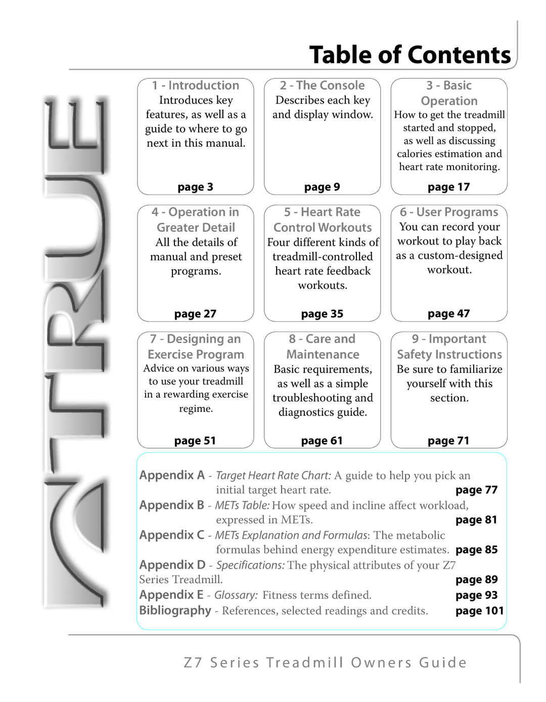 True Fitness Z7 Series manual Table of Contents 