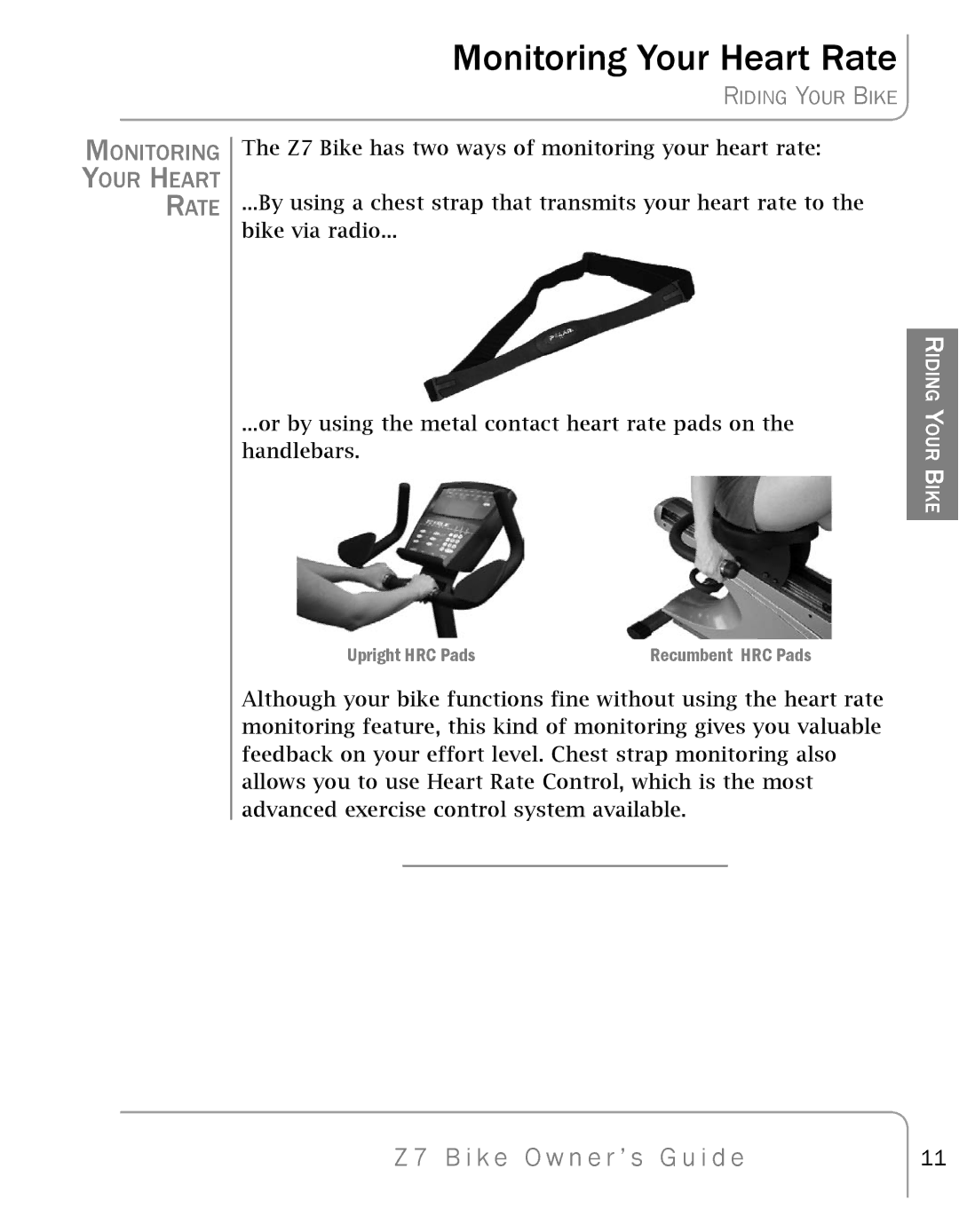 True Fitness Z7 manual Monitoring Your Heart Rate 