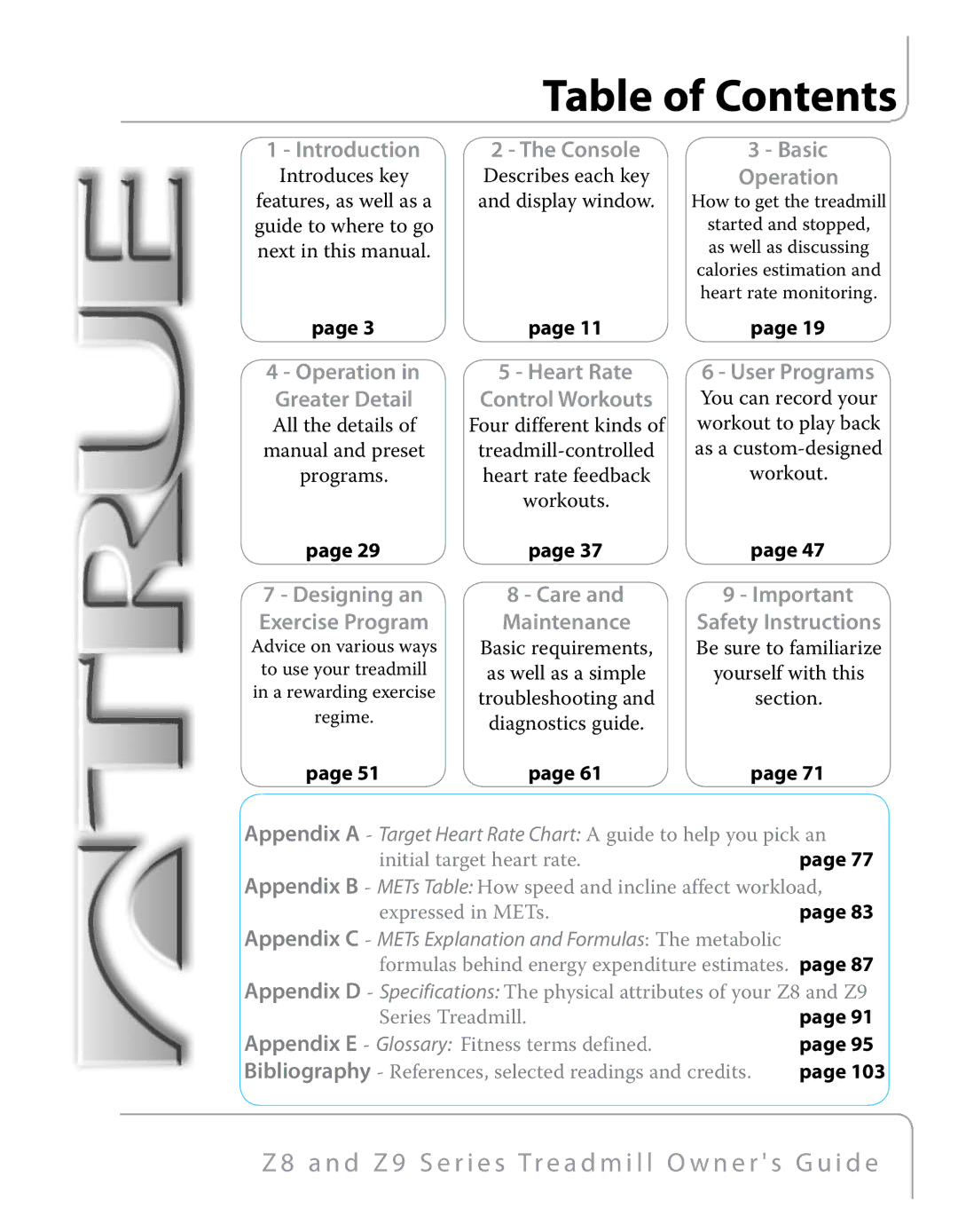 True Fitness Z9, Z8 manual Table of Contents 