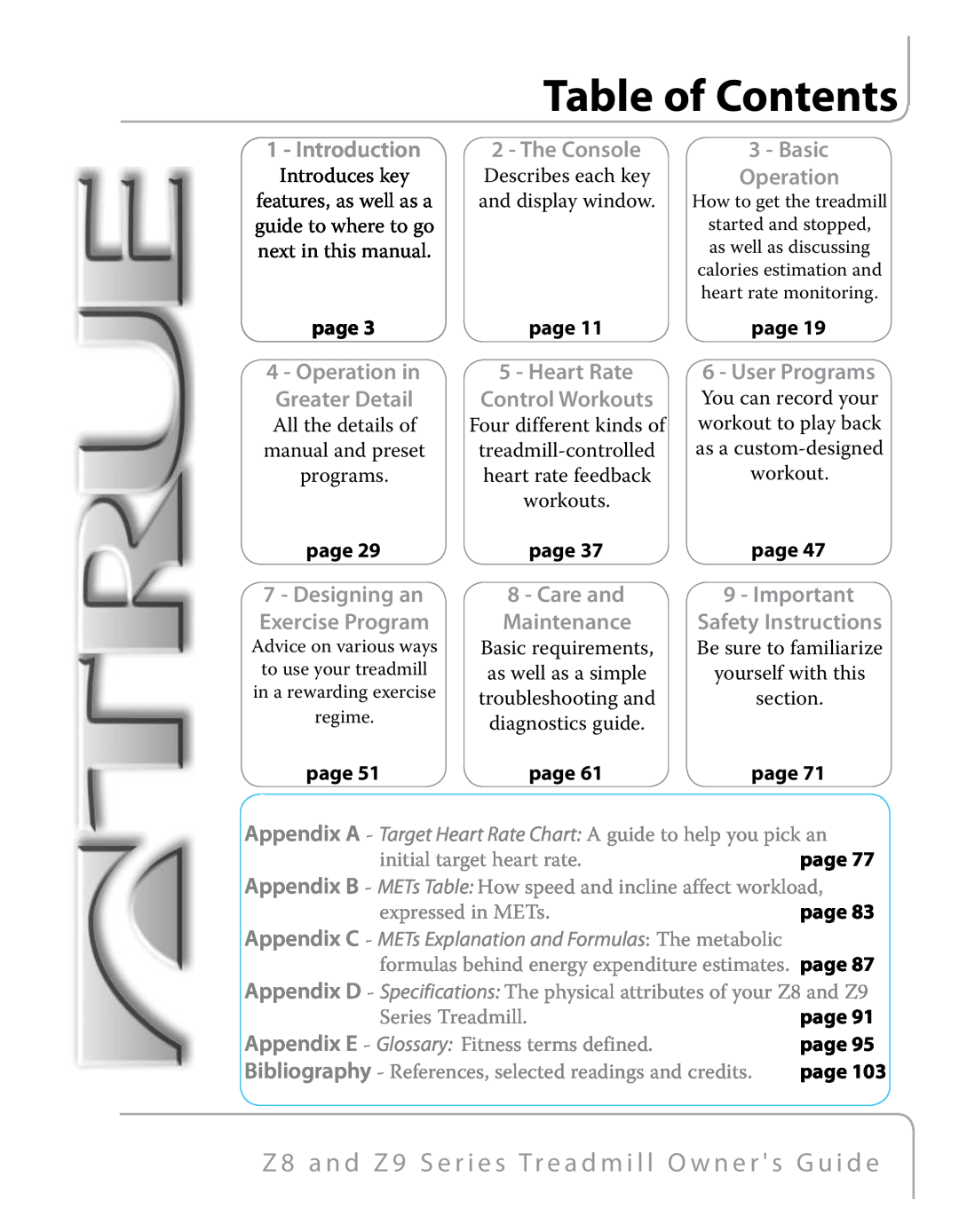 True Fitness Z9 Table of Contents, Z 8 a n d Z 9 S e r i e s Tr e a d m i l l O w n e r s G u i d e, Introduction, page 