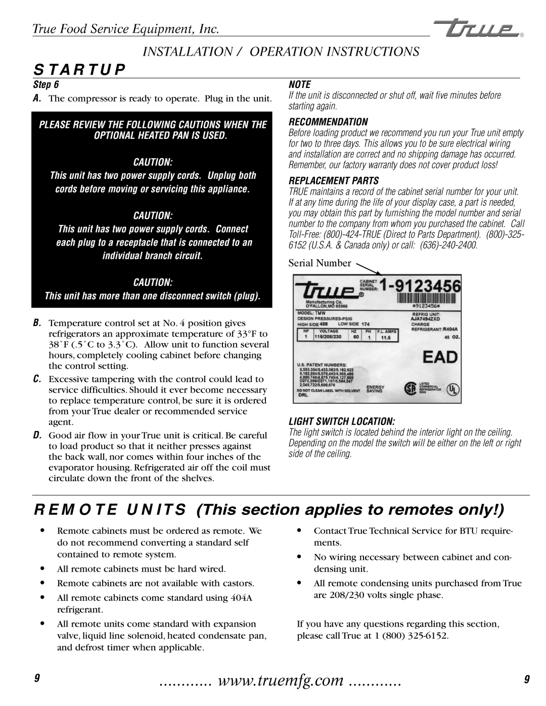 True Manufacturing Company TAC-30, 72RC, TAC-36 Startup, Step, Recommendation, Replacement Parts, Light Switch Location 