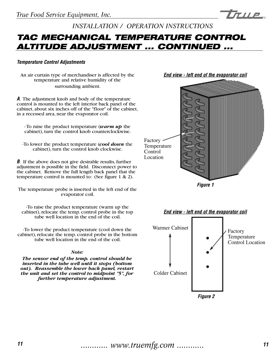 True Manufacturing Company TAC-36, 72RC, TAC-30 installation manual Temperature Control Adjustments 