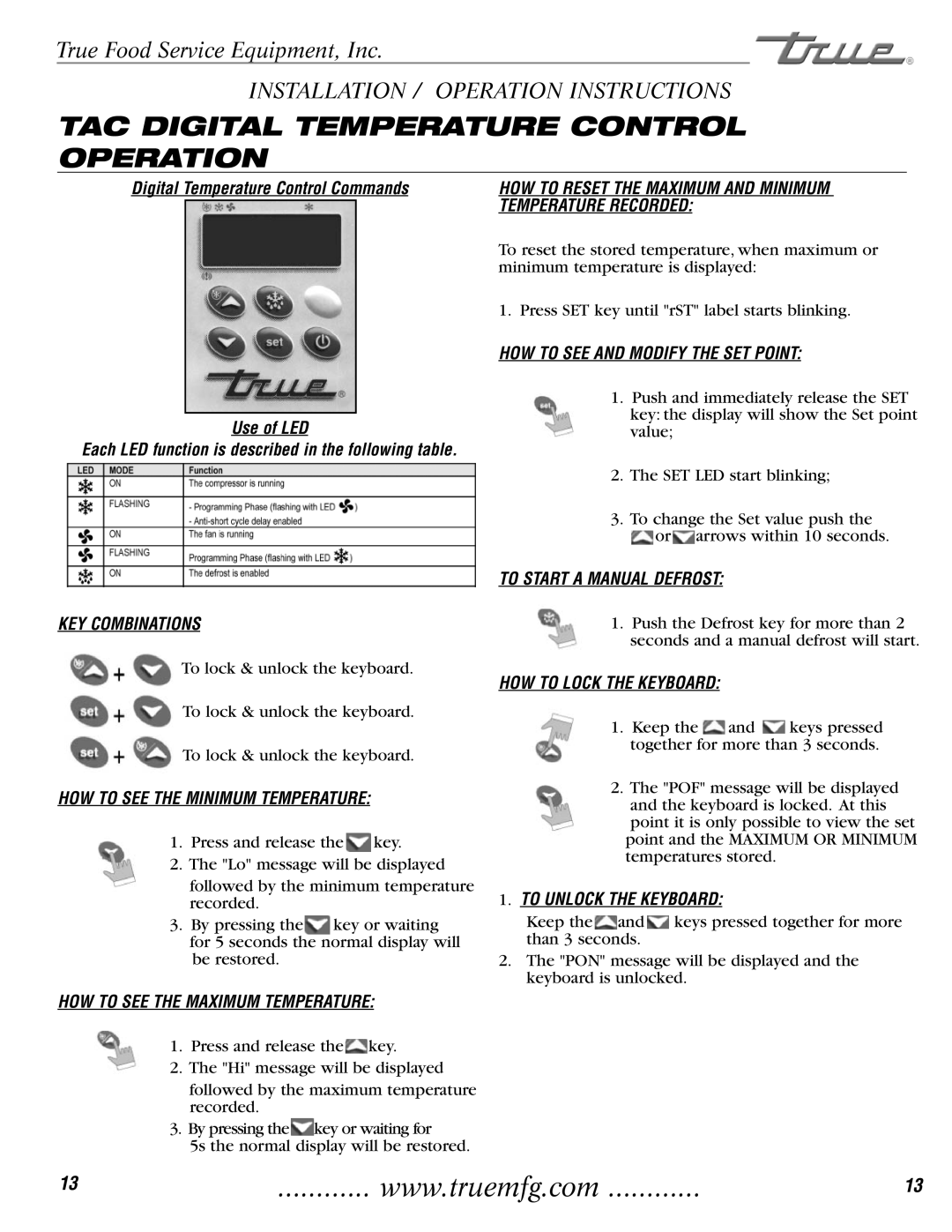 True Manufacturing Company 72RC, TAC-36, TAC-30 installation manual TAC Digital Temperature Control Operation 