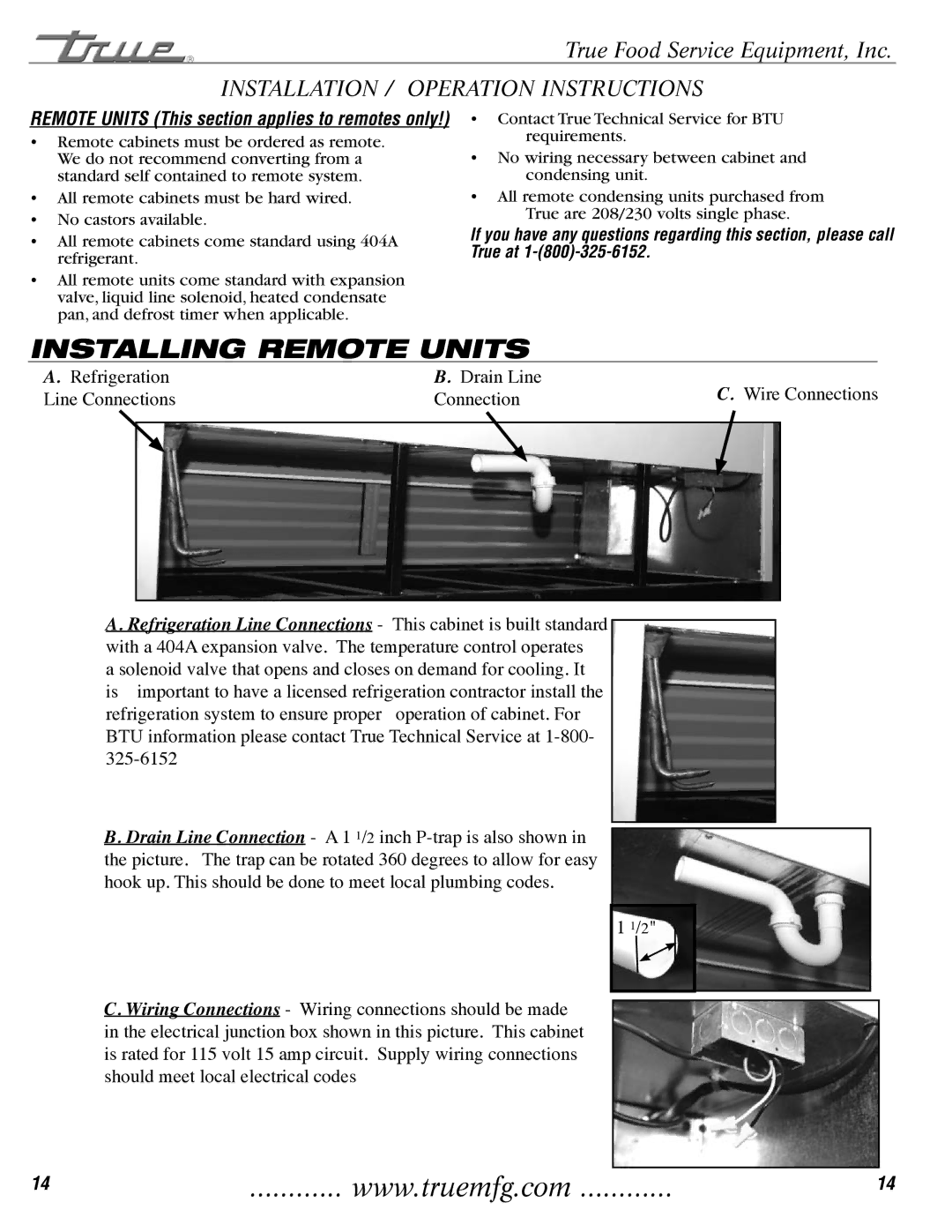 True Manufacturing Company TAC-36, 72RC, TAC-30 installation manual Installing Remote Units 