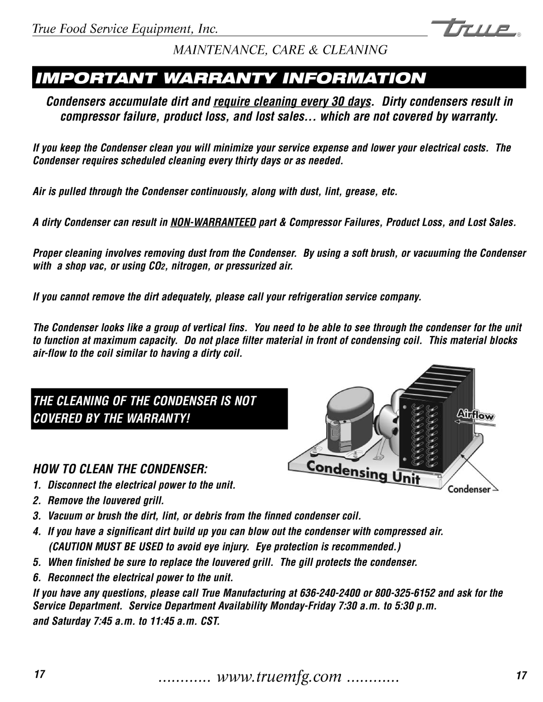 True Manufacturing Company TAC-36, 72RC, TAC-30 Important Warranty Information, Saturday 745 a.m. to 1145 a.m. CST 